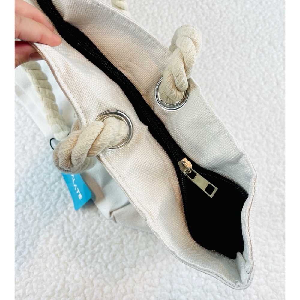 (NWT) TESALATE • Cream/Black “Hello Beaches” and Palm Trees Large Beach Tote Bag - Picture 8 of 15